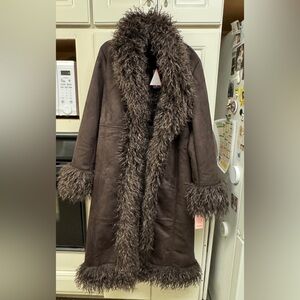 Women's Chocolate Brown Afghan style Maxi coat with Faux Fur Trim "HOT ITEM"